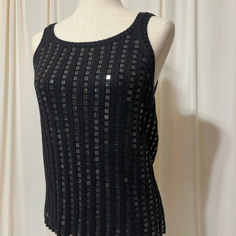Laundry by Shelli Segal Black Sequin Sleeveless Knit Sweater Tank Top - Picture 3 of 5